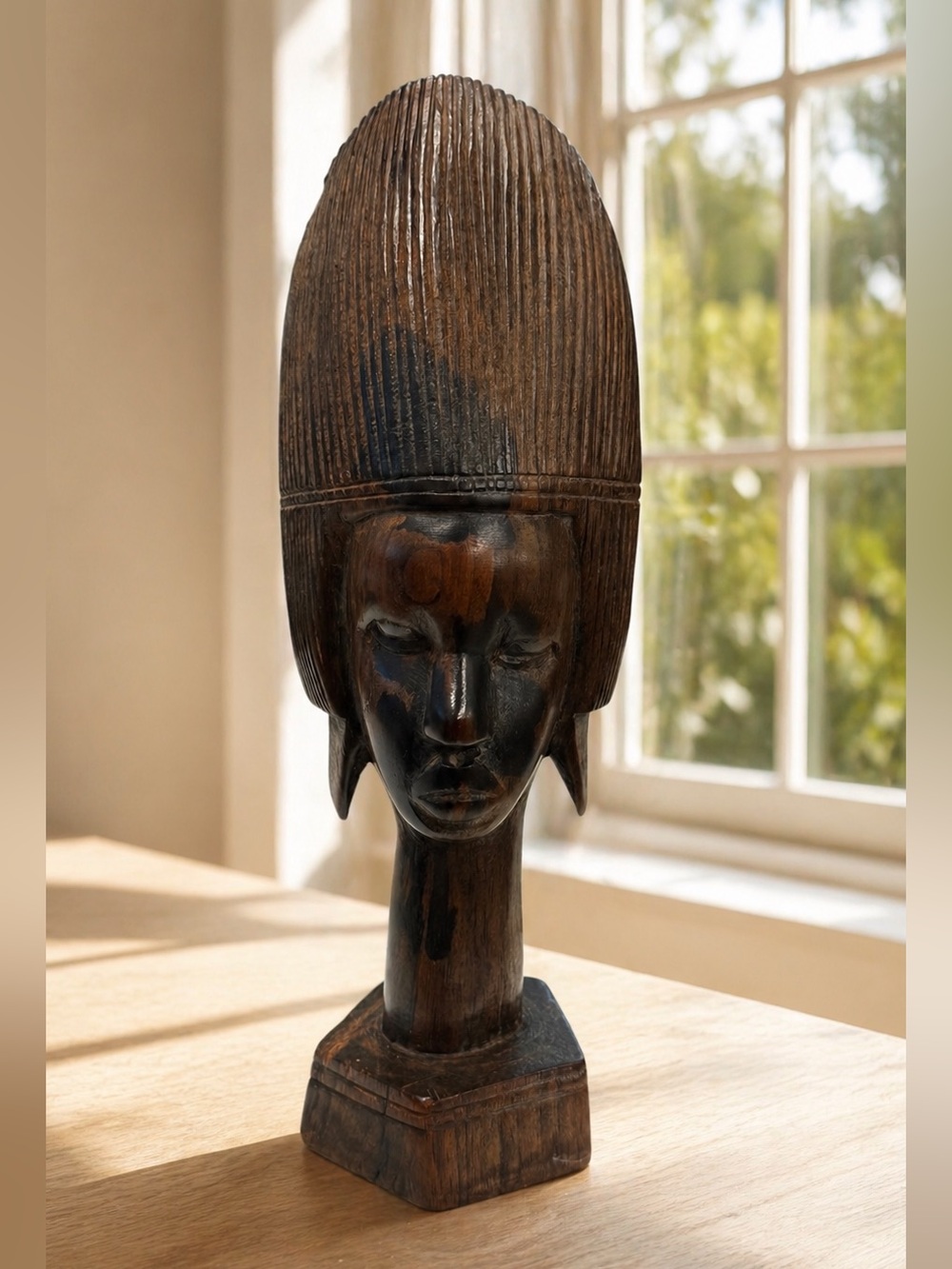 Vintage African Woman w/ Headdress Tribal Art Hand Carved Bust Sculpture 9" Tall